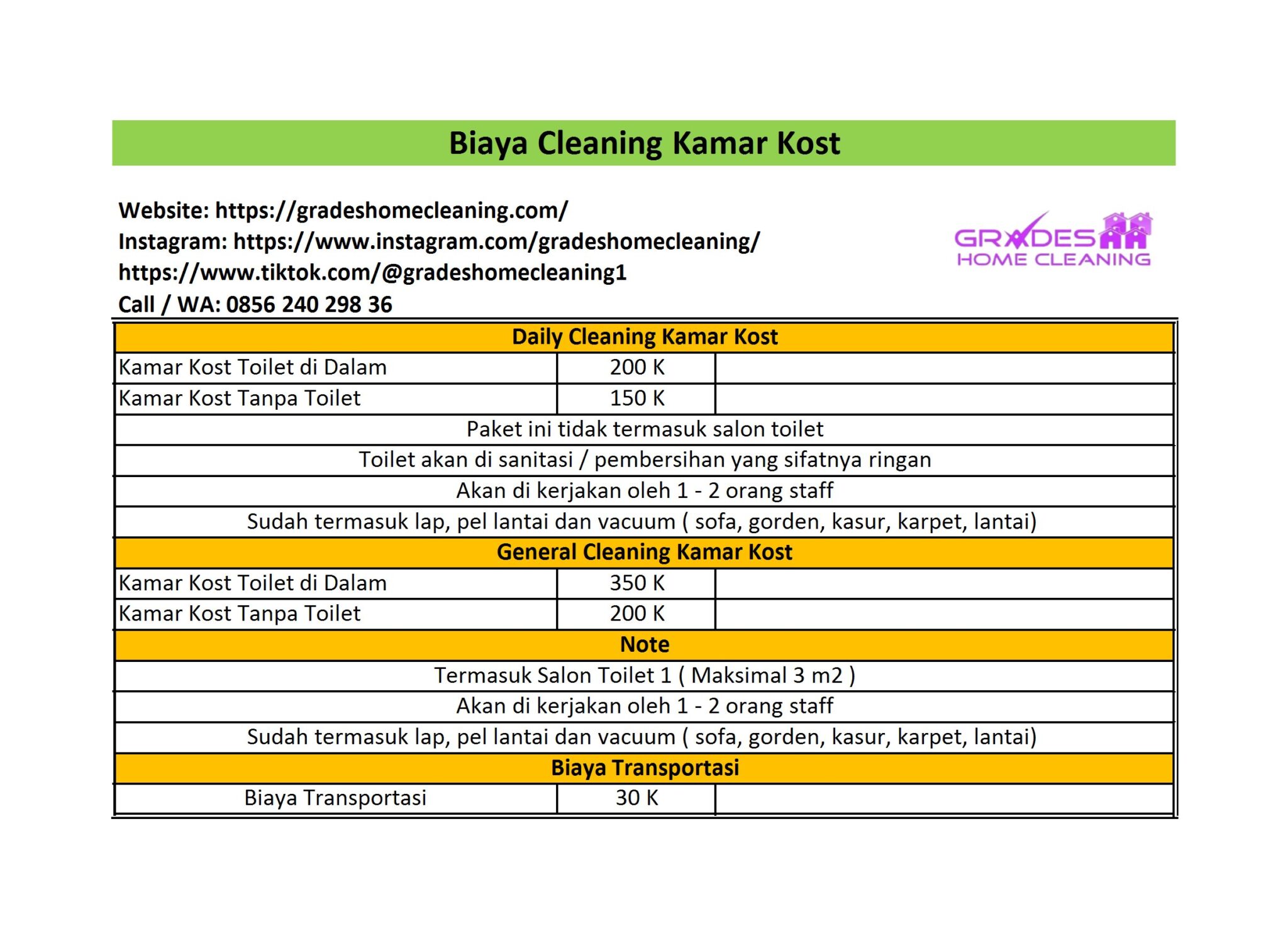 Harga Jasa Bersih Kost Malang
