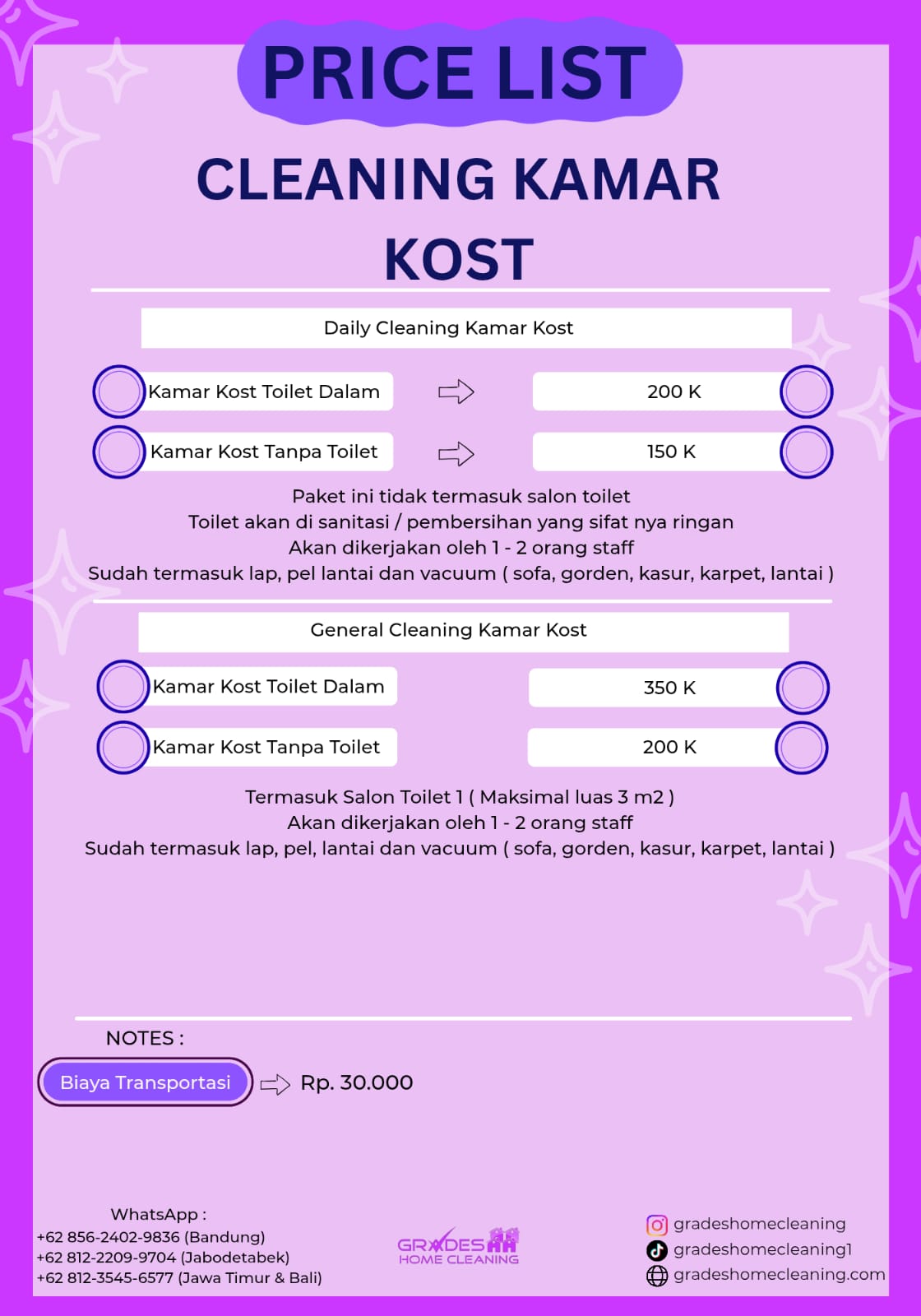 biaya jasa bersih kamar kost